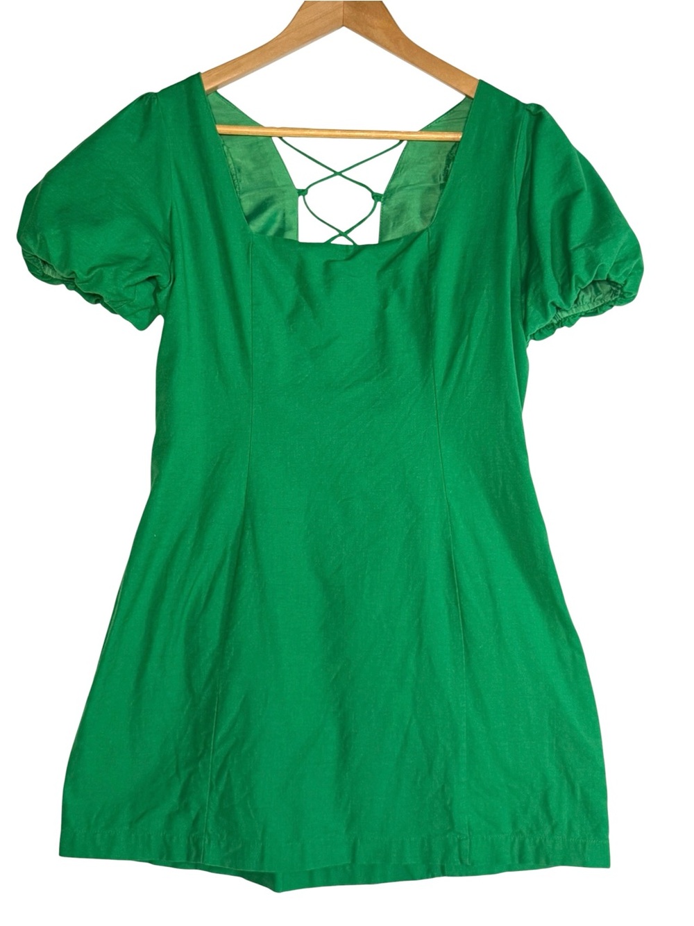BEYOND WORDS Green Puff-Sleeve Cotton Mini Dress Lace-Back Detail MEDIUM